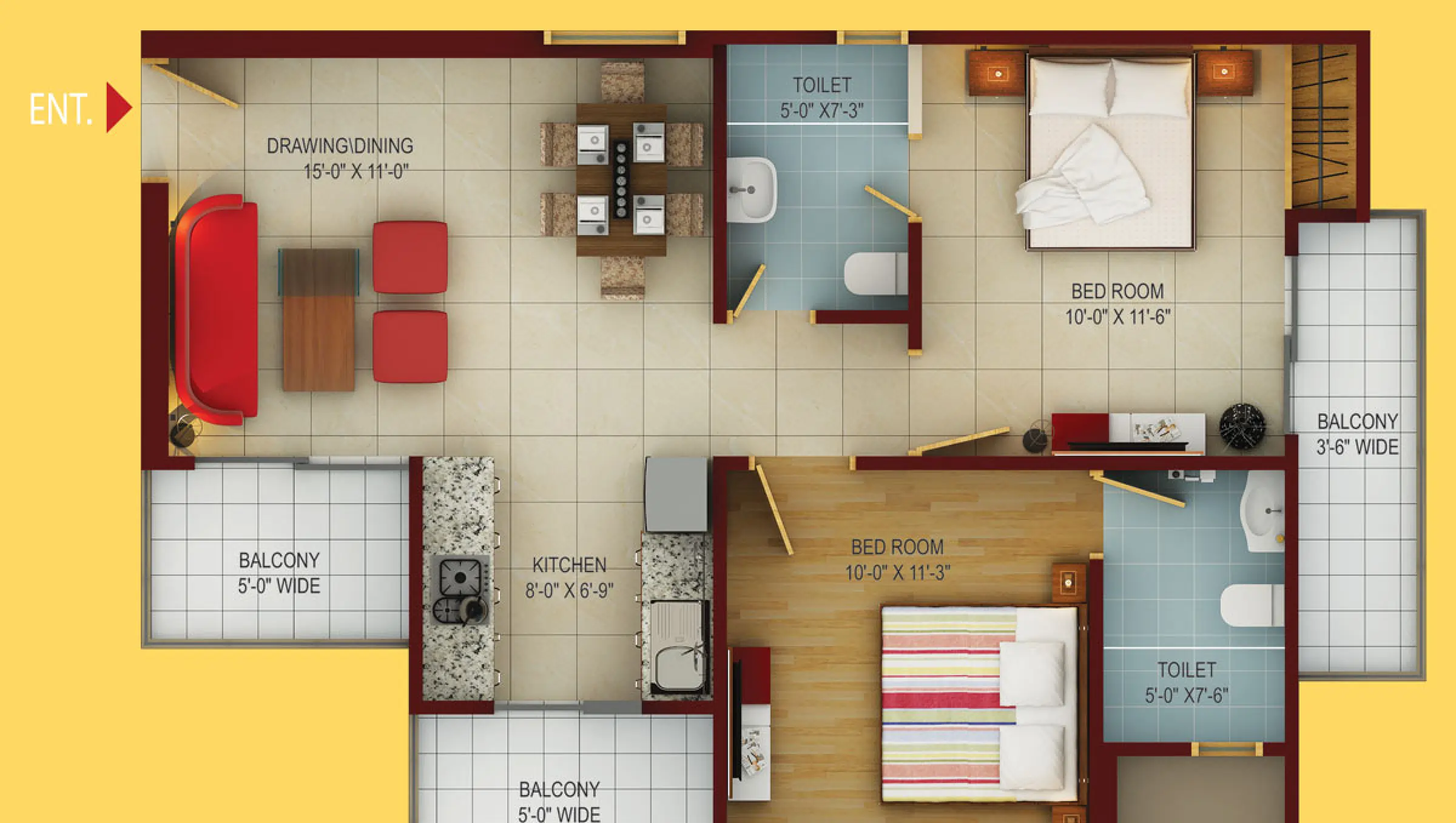 Detailed floor plan for a 2 BHK apartment